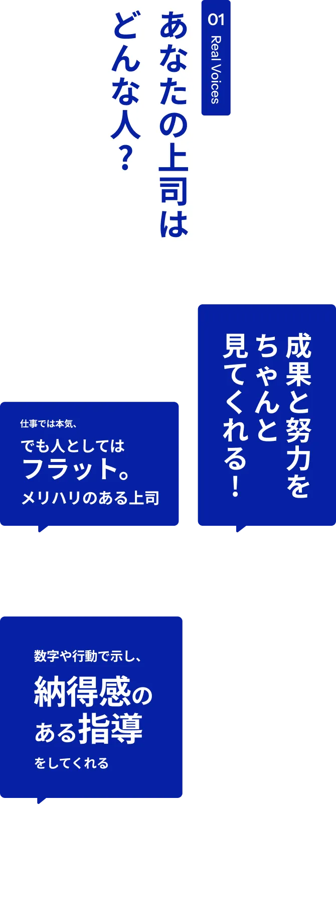 01 Real Voices あなたの上司はどんな人? 数字や行動で示し、納得感のある指導をしてくれる 絶対に威張らない 相談しやすい距離感で、日常的にコミュニケーションが取れる 甘やかさず、見捨てない。本気で向き合ってくれる。赤ちゃんみたいな 匂いがする（笑）否定せず、まず話を聞いてくれる 仕事では本気、でも人としては フラット。メリハリのある上司 成果と努力をちゃんと見てくれる! 赤ちゃんみたいな匂いがする（笑）指示が明確で、次の行動がイメージしやすい