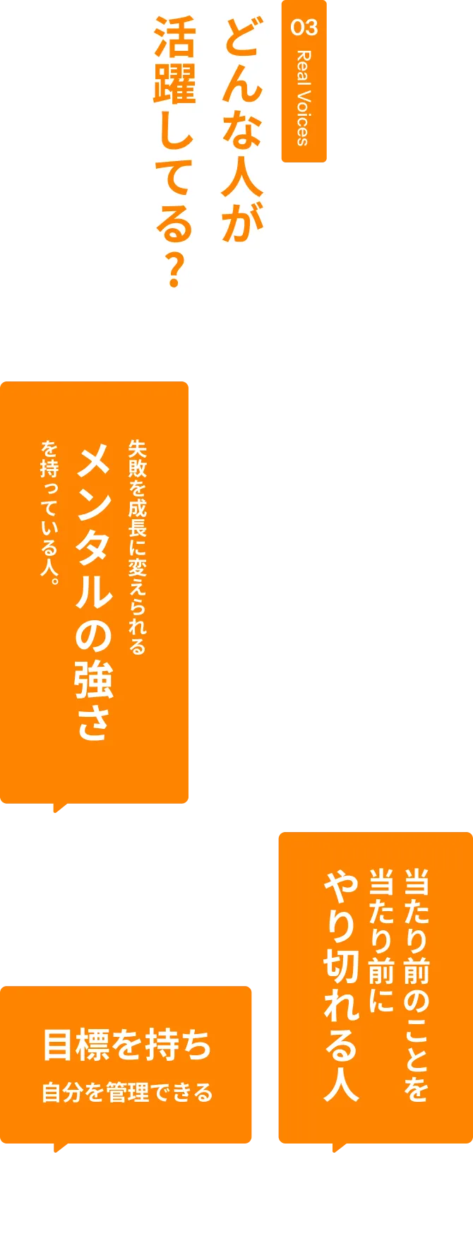 03 Real Voices どんな人が活躍してる? 失敗を成長に変えられる メンタルの強さ を持っている人。 明るく楽しく前向き ATMな人 コツコツ継続できる 素直で、吸収力が高い 目標を持ち自分を管理できる 最後まで責任を持ってやり抜く人 当たり前のことを当たり前にやり切れる人